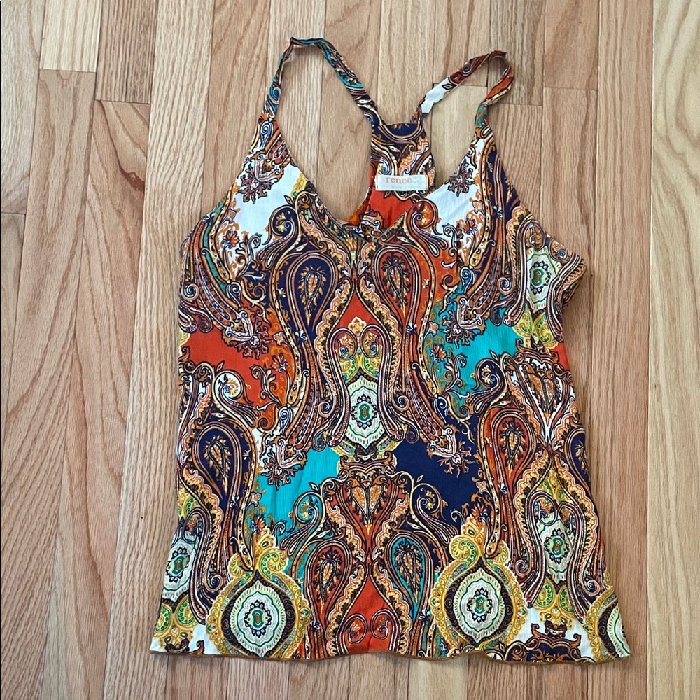 Renee C. Tank Top Womens Medium Tan Colorful Boho Festival Indie Cami Y2K